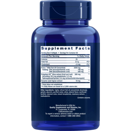 Life Extension Super Omega3 EPA/DHA Fish Oil, Swesame Lignans & Olive Extract 240Softgel