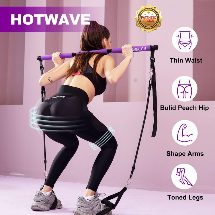 Pilates Bar Kit With Resistance Bands. Fitness Bar With Ab Roller For Abs Workout. Squat Machine.Core Strength Training Equipment.Portable Home Gym For Men And Women