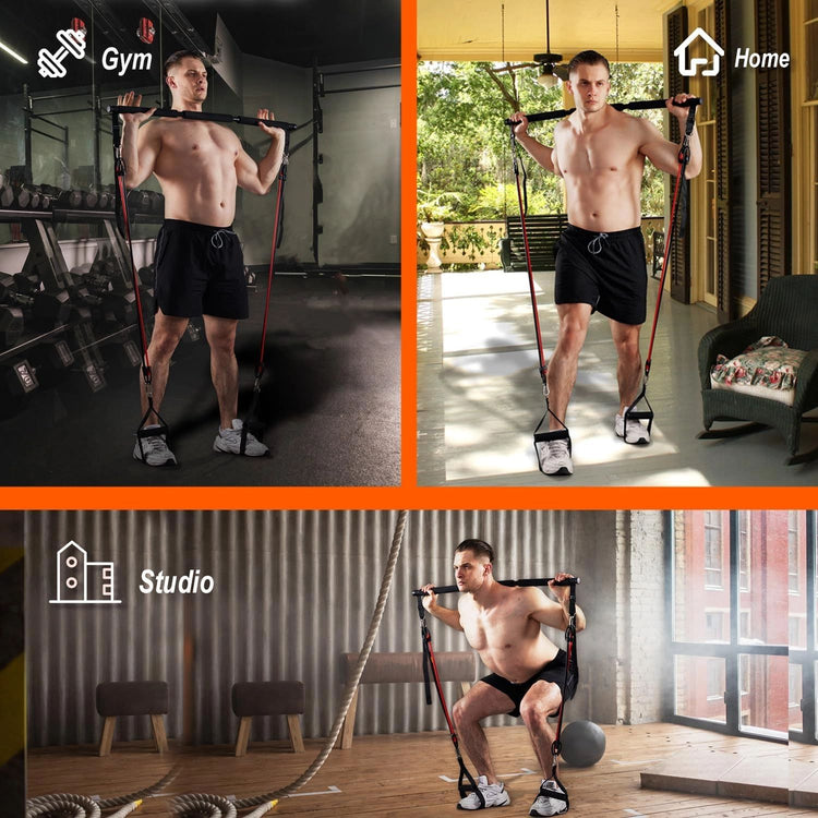 Pilates Bar Kit With Resistance Bands. Fitness Bar With Ab Roller For Abs Workout. Squat Machine.Core Strength Training Equipment.Portable Home Gym For Men And Women