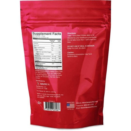 BariatricPal Sugar-Free Calcium Citrate Soft Chews 500mg with Probiotics - Fruit Flavored Variety Pack (5 Bags)